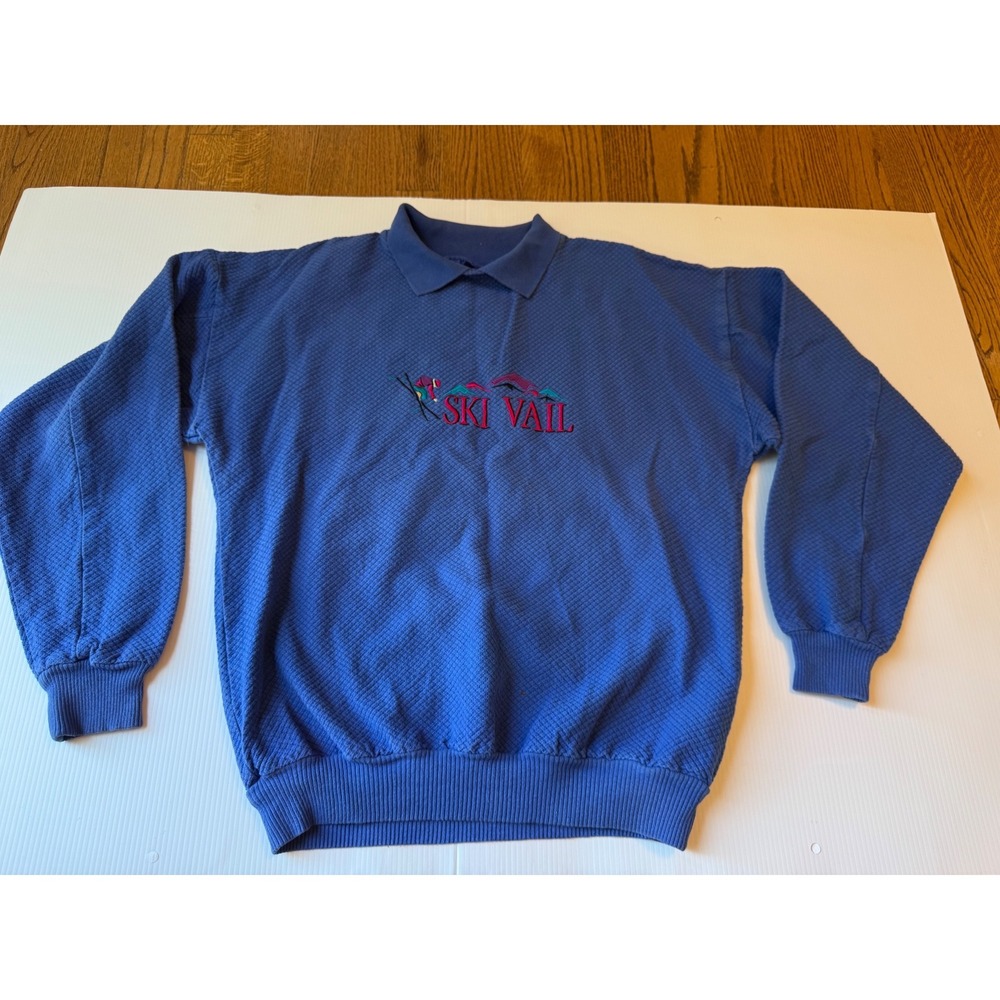Vintage Wek The World Ski Vail Blue Textured Polo Collar Sweatshirt Size 1